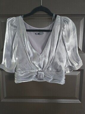 Zara Metallic Silver Knot-Front V-Neck Blouse Size M